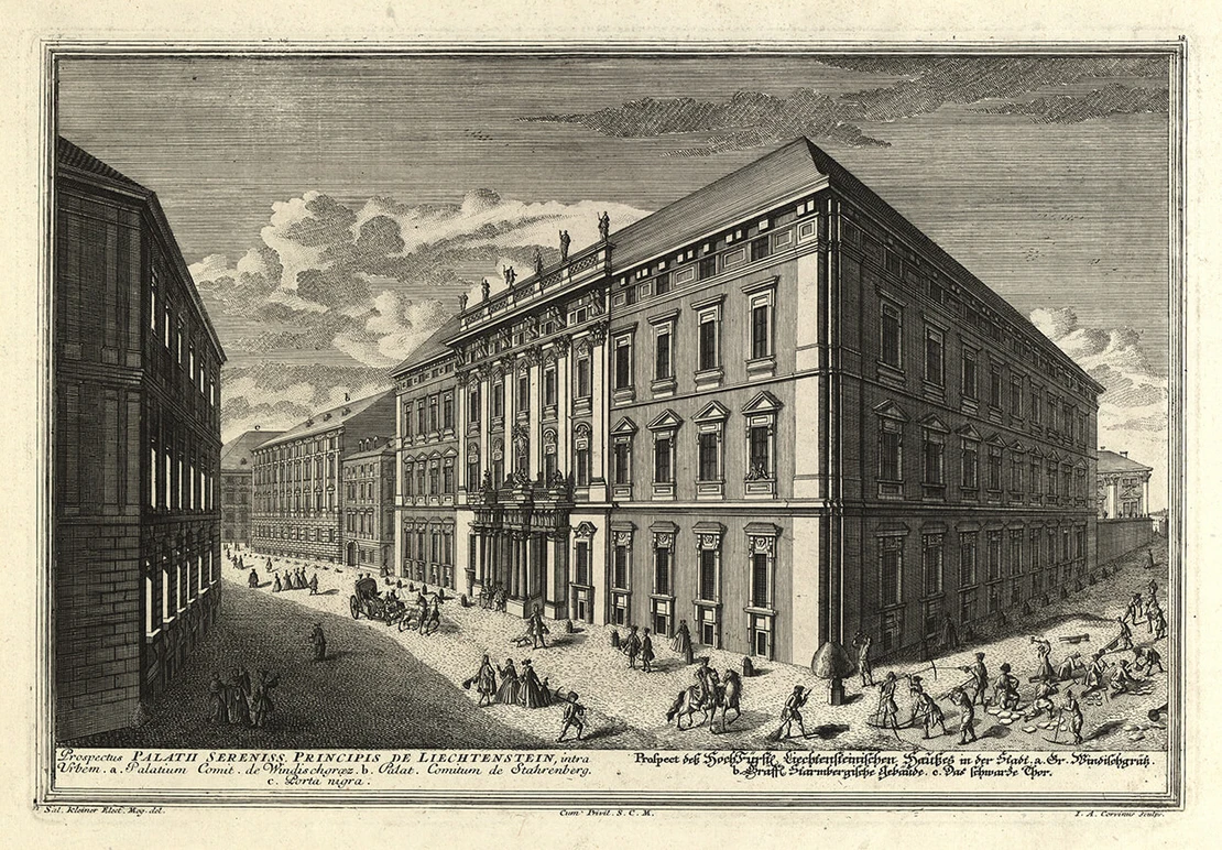 Salomon Kleiner (Zeichner), Johann August Corvinus (Kupferstecher), Johann Andreas d. Ä. Pfeffel (Verleger): „Prospect deß Hoch Fürstl: Liechtensteinischen Haußes in der Stadt“ (Bankgasse), Wien Museum