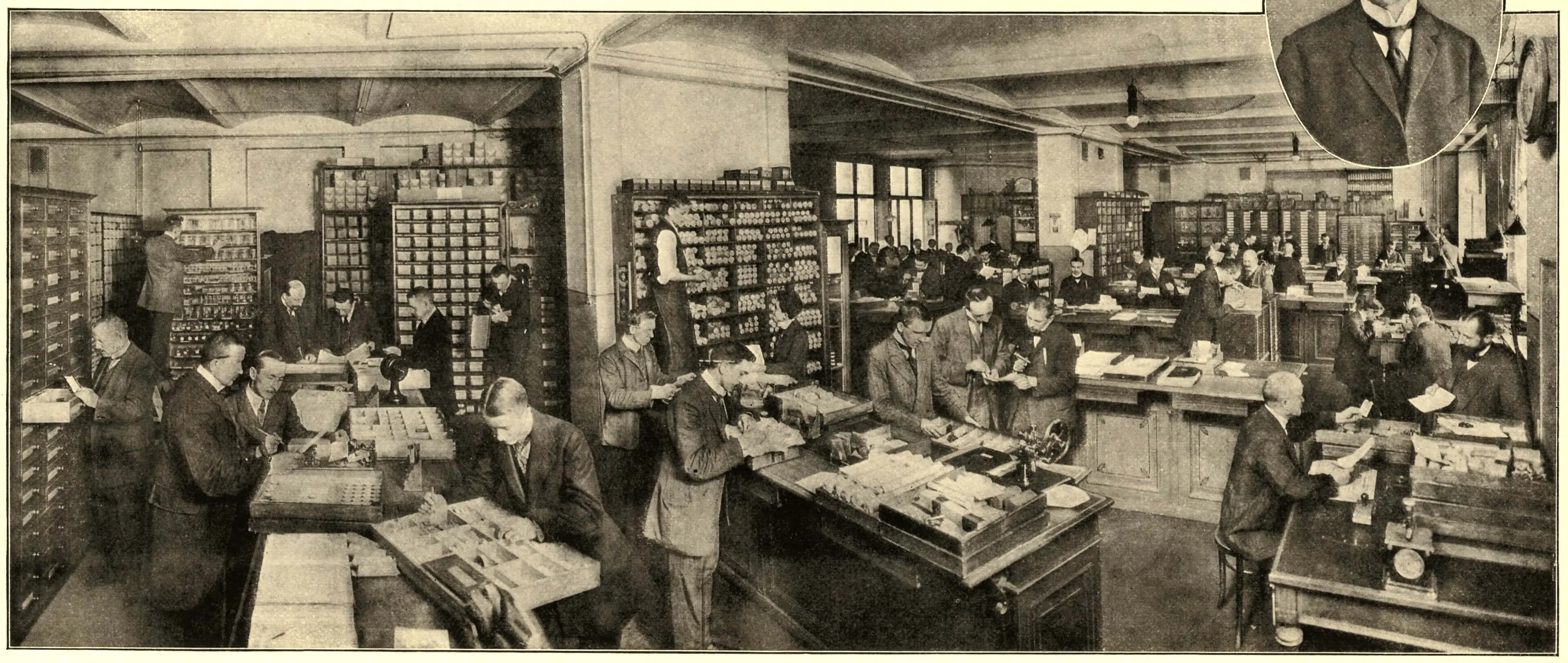 Nur männliche Kräfte „walten“ im Uhrenkleinteilehandel, um 1900