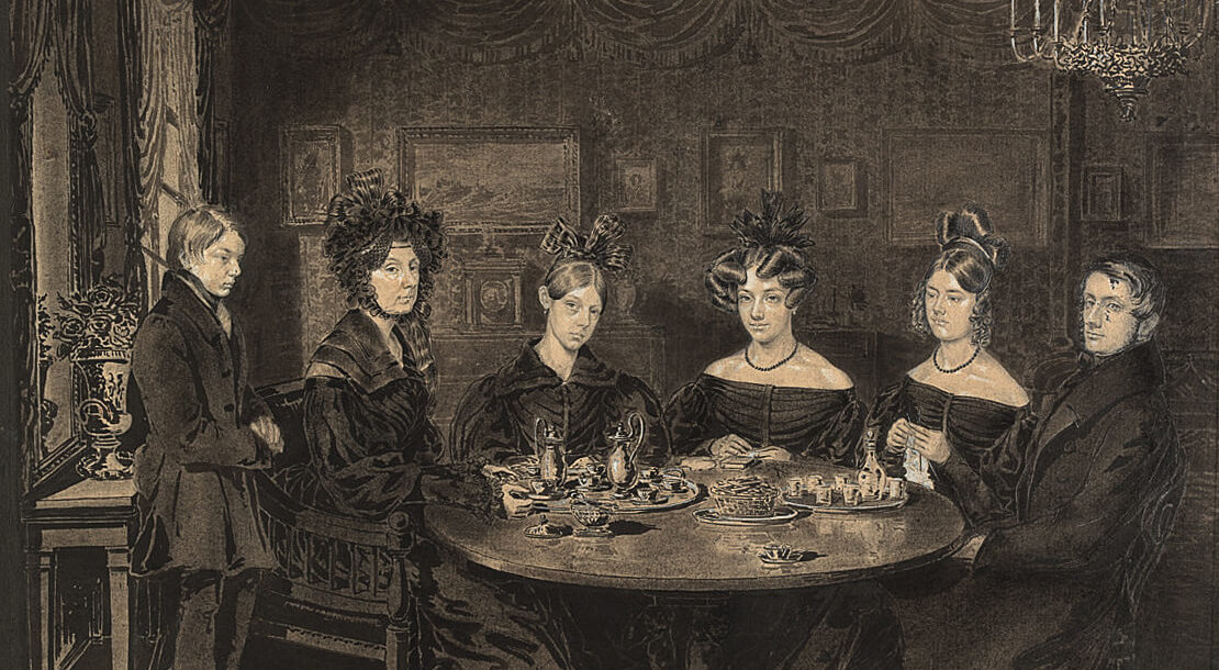 Joseph V. Sotira: Ein Tischgesellschaft (Trauernde Mutter mit Töchtern und Söhnen), 1831, Tusche- und Bleistiftzeichnung, Sammlung Wien Museum 