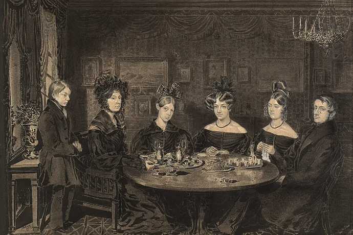 Joseph V. Sotira: Ein Tischgesellschaft (Trauernde Mutter mit Töchtern und Söhnen), 1831, Tusche- und Bleistiftzeichnung, Sammlung Wien Museum