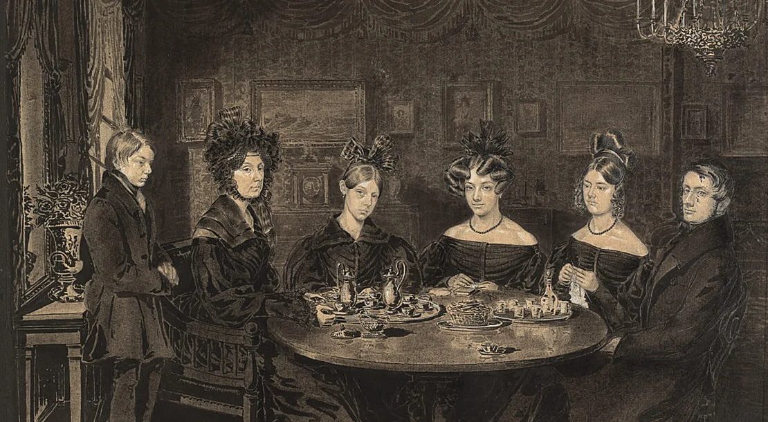 Joseph V. Sotira: Ein Tischgesellschaft (Trauernde Mutter mit Töchtern und Söhnen), 1831, Tusche- und Bleistiftzeichnung, Sammlung Wien Museum  