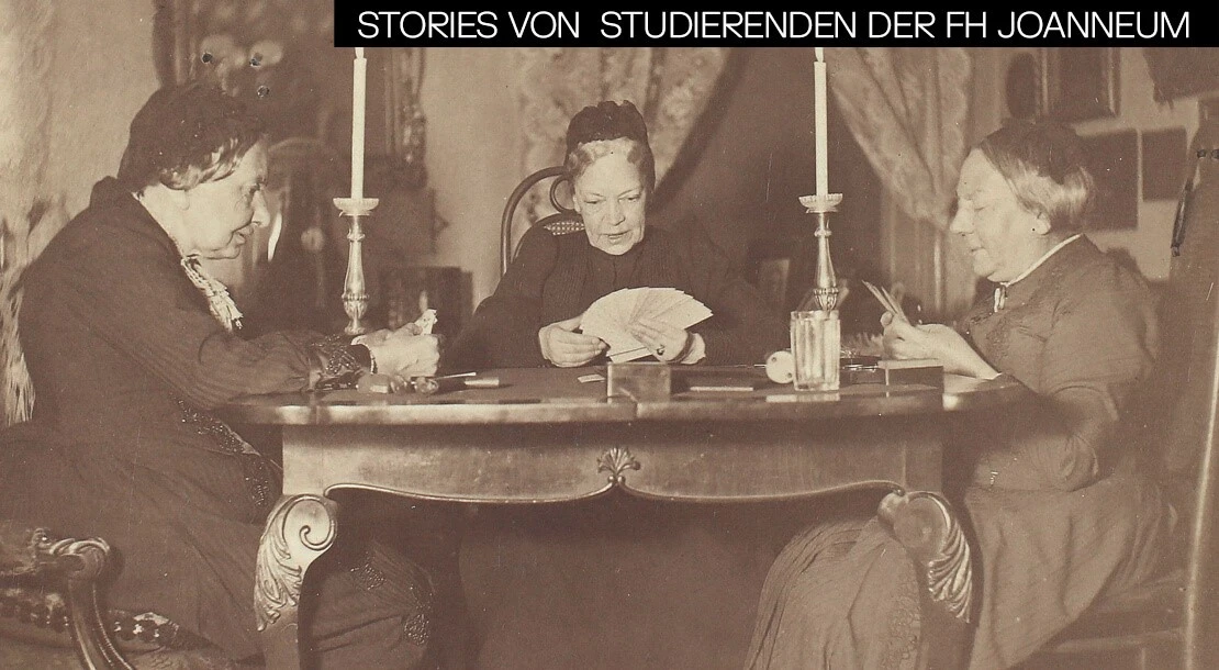 Die Schriftstellerinnen Betty Paoli, Marie Ebner-Eschenbach und Ida Fleischl beim Kartenspielen, 1891, Fotografie, Wien Museum, Inv.-Nr. 51399
