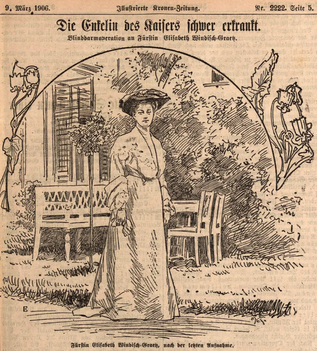 Kaiser-Enkelin Elisabeth Maria Windisch-Grätz im Garten des Sanatorium Loew, Illustrierte Kronen-Zeitung, 9. März 1906, Quelle: Anno/ÖNB  