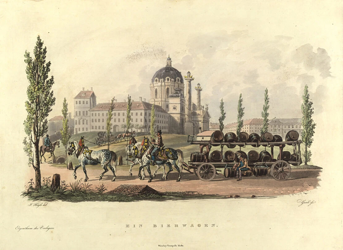 Bierwagen bei der Karlskirche, kolorierter Kupferstich, um 1825, Wien Museum