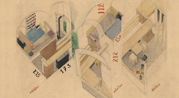 Friedl Dicker, Entwurf für die Einrichtung der eigenen Wohnung, Hronov, um 1938, Bleistift und Aquarell auf Papier, 22 x 30 cm, Bauhaus-Archiv Berlin, Inv.-Nr. 1954