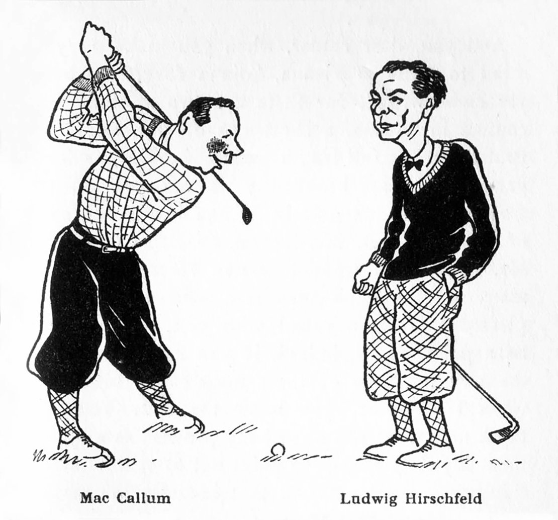 Autor und Übersetzer beim Golfspielen, Karikatur von Tibor Gergely in der englischen Ausgabe, 1929 