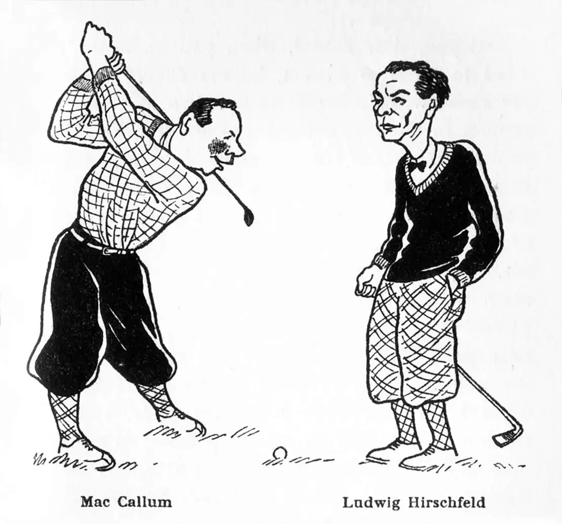 Autor und Übersetzer beim Golfspielen, Karikatur von Tibor Gergely in der englischen Ausgabe, 1929  