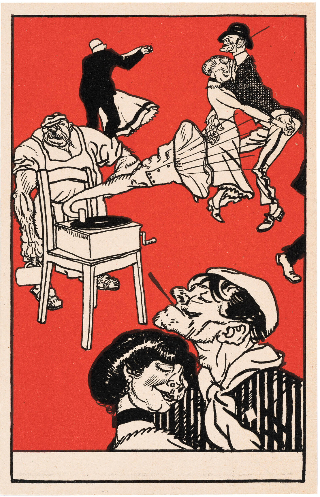 Moritz Jung: Postkarte der Wiener Werkstätte Nr. 511: Tanzende und Grammophon, 1911, Wien Museum 