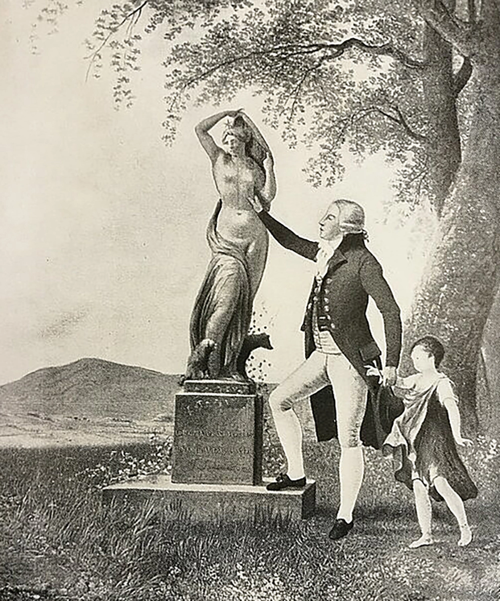 Durch Tasten „besichtigt“ Arenberg (mit Sohn) eine Statue, die die „Dämmerung“ darstellt und daher an seine Blindheit erinnert. Bild nach einem unauffindbaren Porträt von Jacques Sablet 1791 © Arenbergarchiv Edingen/Enghien   