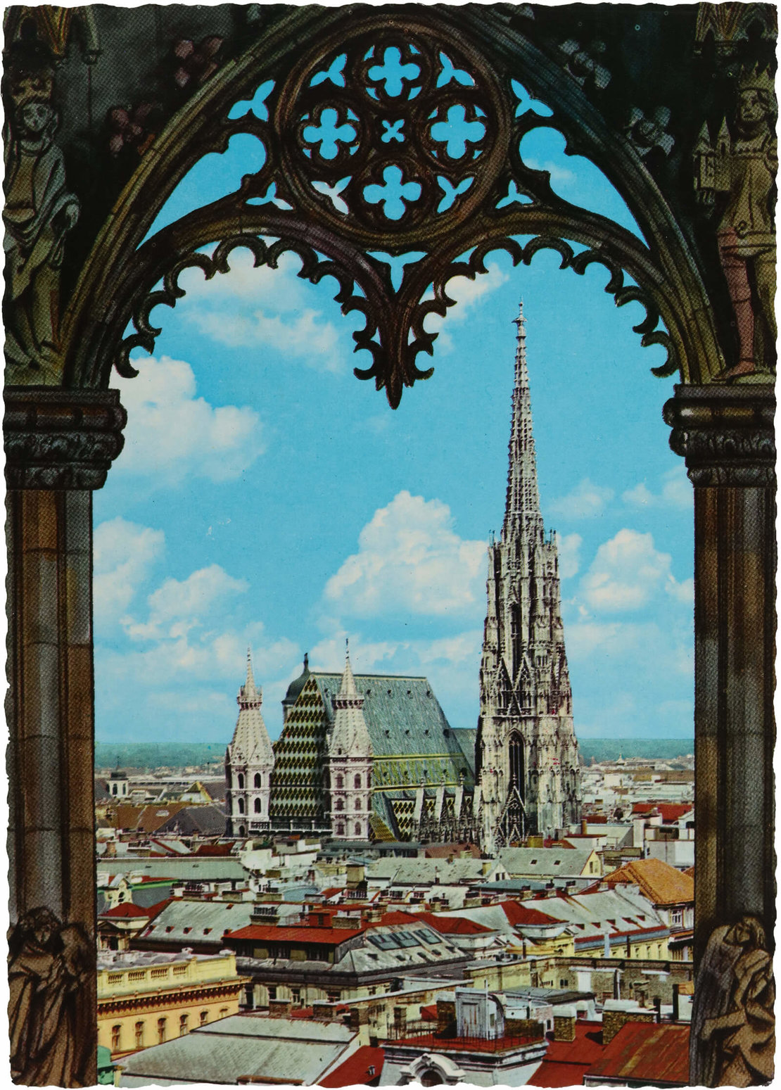 Blick zum Stephansdom mit gotischem Fensterrahmen (Montage), um 1965, Selbstverlag Erzdiözese Wien (Wien Museum) 