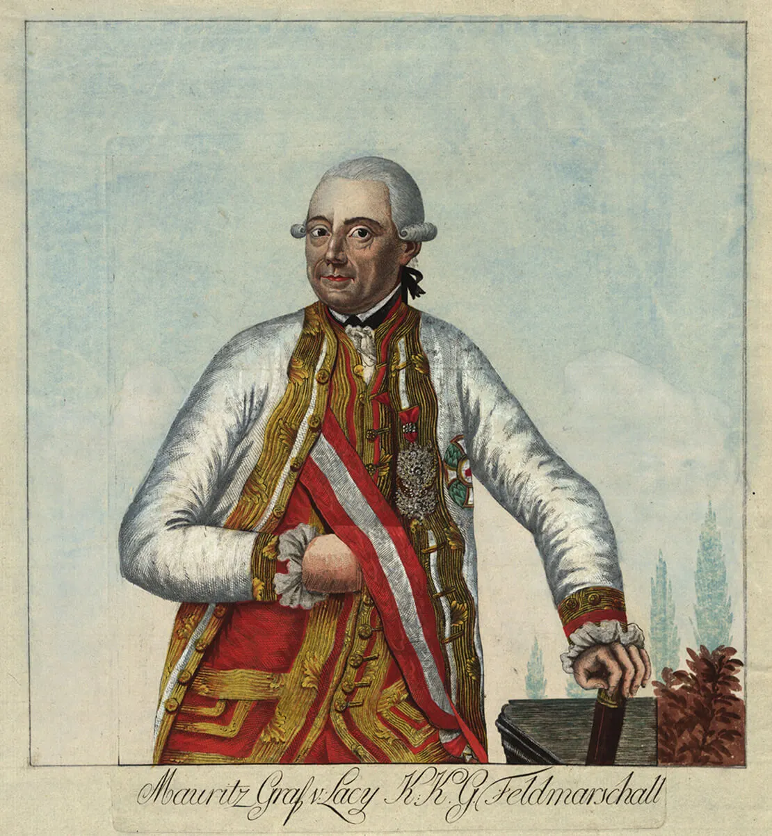 Franz Moritz Graf von Lacy (1725 – 1801) auf einem kolorierten Kupferstich von Hieronymus Löschenkohl, 1788, Wien Museum  