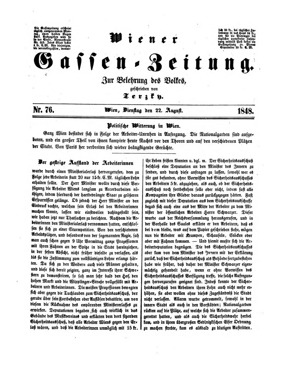 Die „Wiener Gassen-Zeitung“ berichtet über den Aufstand der Arbeiterinnen am 21. August 1848, Quelle: ANNO/ÖNB