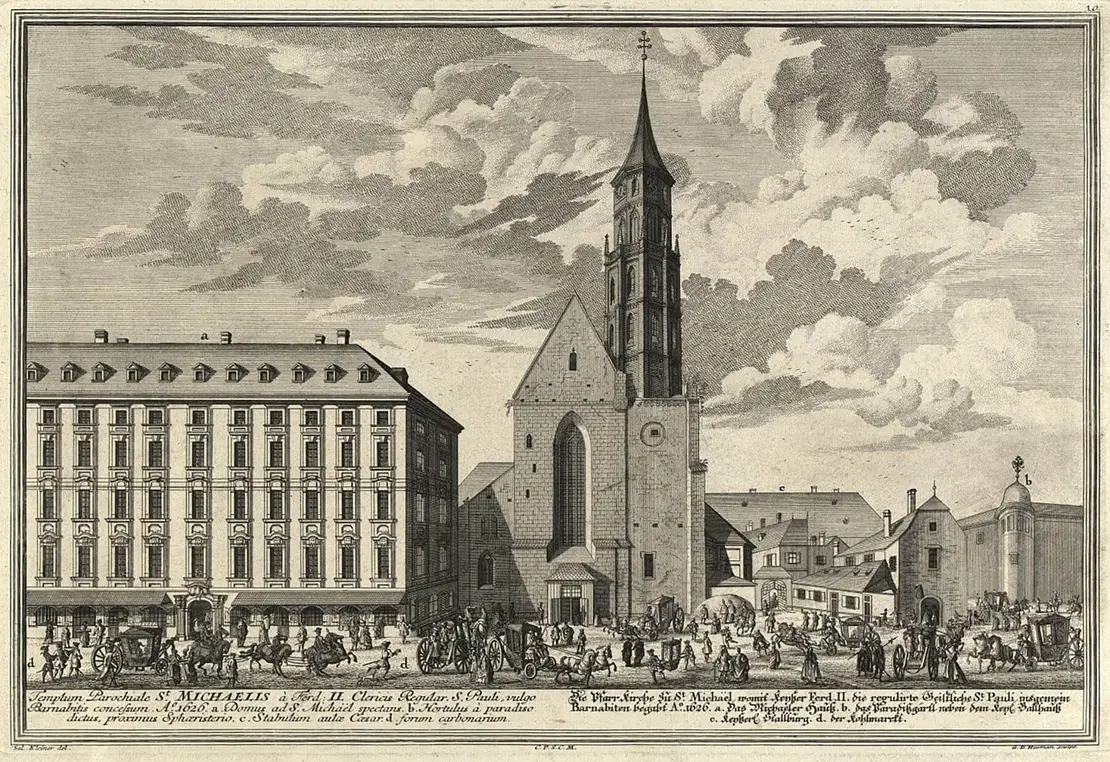 Salomon Kleiner (Zeichner), „Die Pfarr Kirche zu St. Michael…“, aus: „Wahrhafte und genaue Abbildung (...)“, 1. Teil, 1724, Abb. 10, Wien Museum, Inv.-Nr. 105765/12  