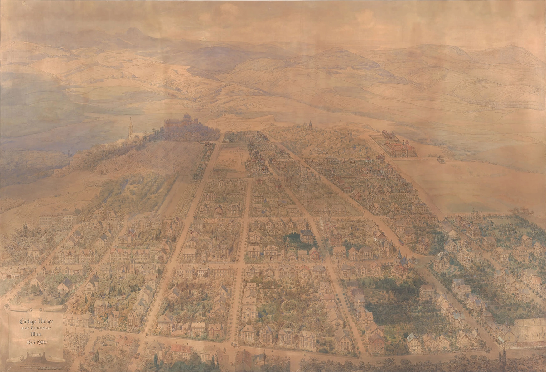 „Cottage-Anlage an der Türkenschanze Wien“, Zeichnung: Carl Ritter v. Borkowski, aquarelliert von Anton Hlavaček , 1873/1906, Wiener Cottage Verein