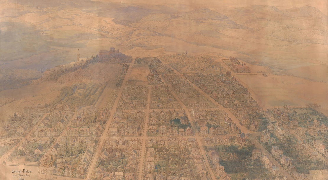 „Cottage-Anlage an der Türkenschanze Wien“, Zeichnung: Carl Ritter v. Borkowski, aquarelliert von Anton Hlavaček , 1873/1906, Wiener Cottage Verein  