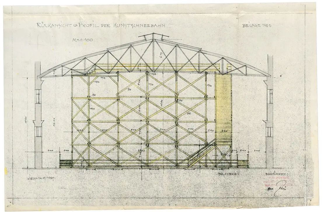 Rückansicht und Profil der Kunstschneebahn, Quelle: Wiener Stadt- und Landesarchiv  