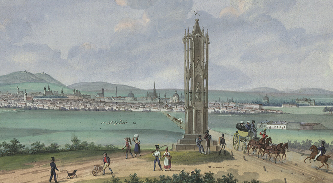 Balthasar Wigand, Ansicht der Stadt Wien mit der Spinnerin am Kreuz (Ausschnitt), Gouache, um 1824–1830, Wien Museum 