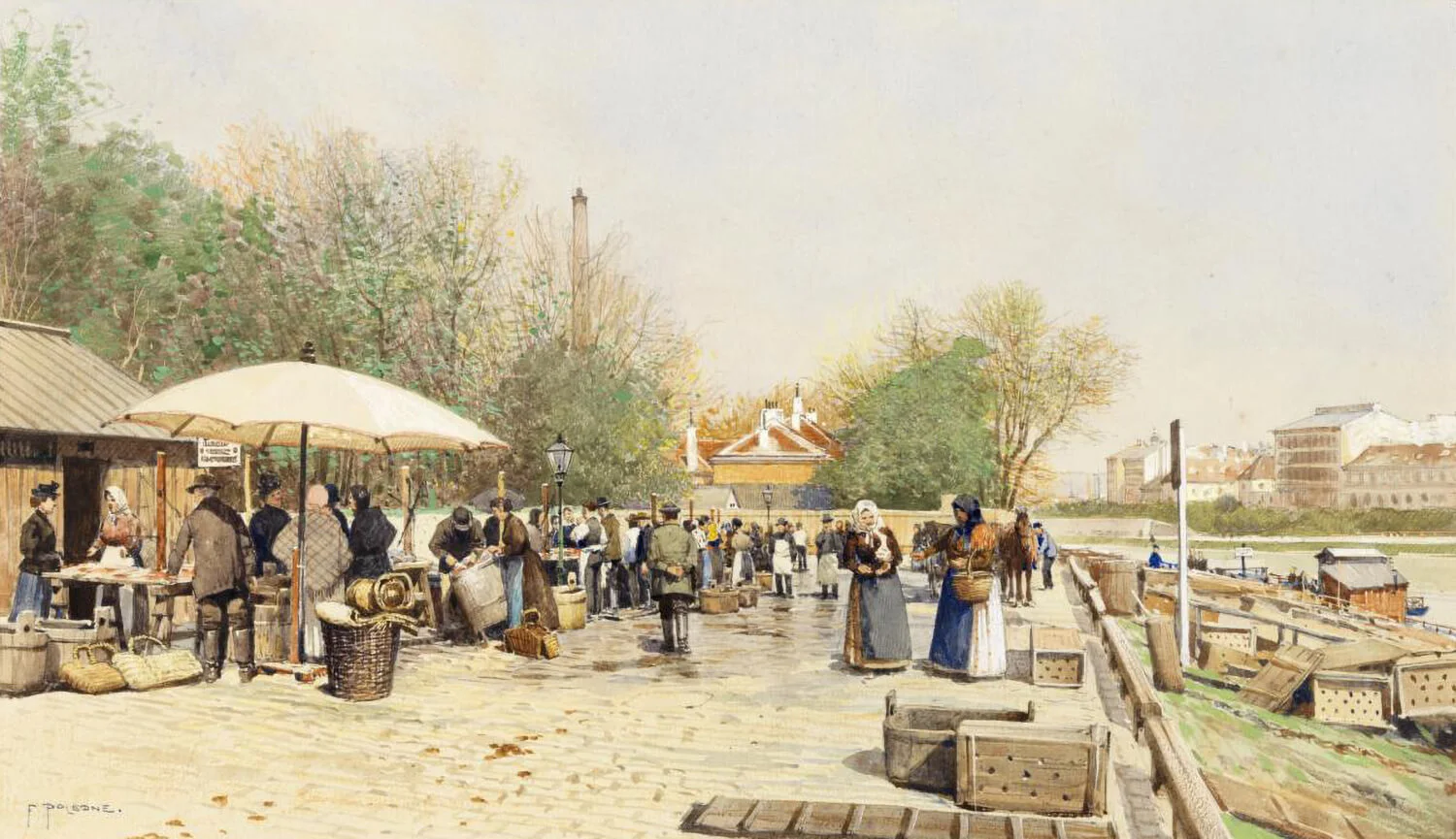 Franz Poledne: Fischmarkt am Schanzel, 1895, Aquarell, Sammlung Wien Museum  