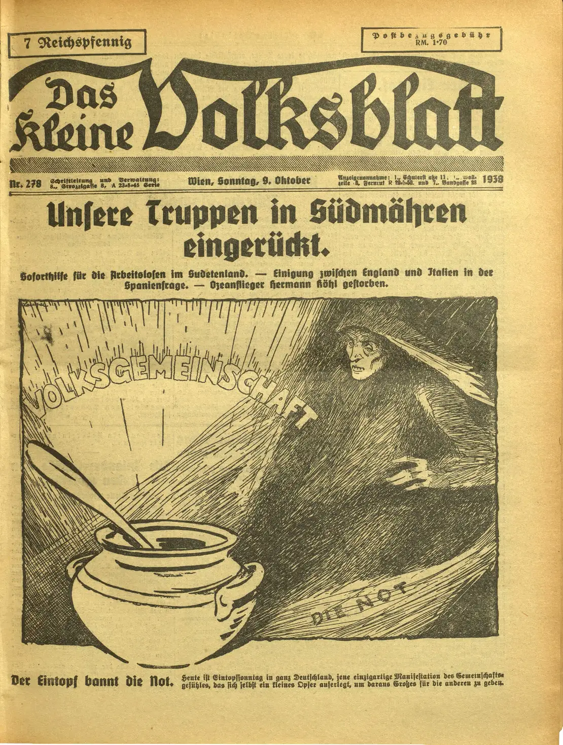Karikatur zum „Eintopfsonntag“, in: Kleine Volks-Zeitung, 12.12.1938, S. 12, ANNO/ÖNB
