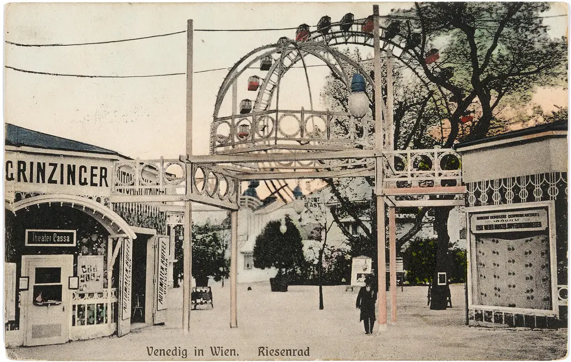 Ansichtskarte „Venedig in Wien“ (links: Automatenbuffet Quisisana), Verlag: Nachbargauer, 1910, Wien Museum, Inv.-Nr. 305586