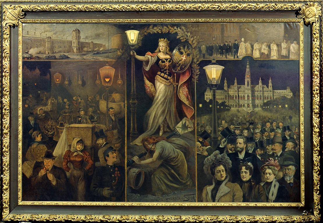 Carl von Stur: Die alte und die neue Gasbeleuchtung, 1900 (Ölgemälde), Sammlung Wien Museum