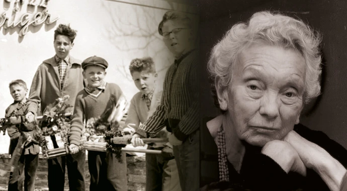 Links: Ratschenbuben in Wien, um 1960, Foto: Votava / Imagno / picturedesk.com, Rechts: Ilse Helbich, Foto: Privat