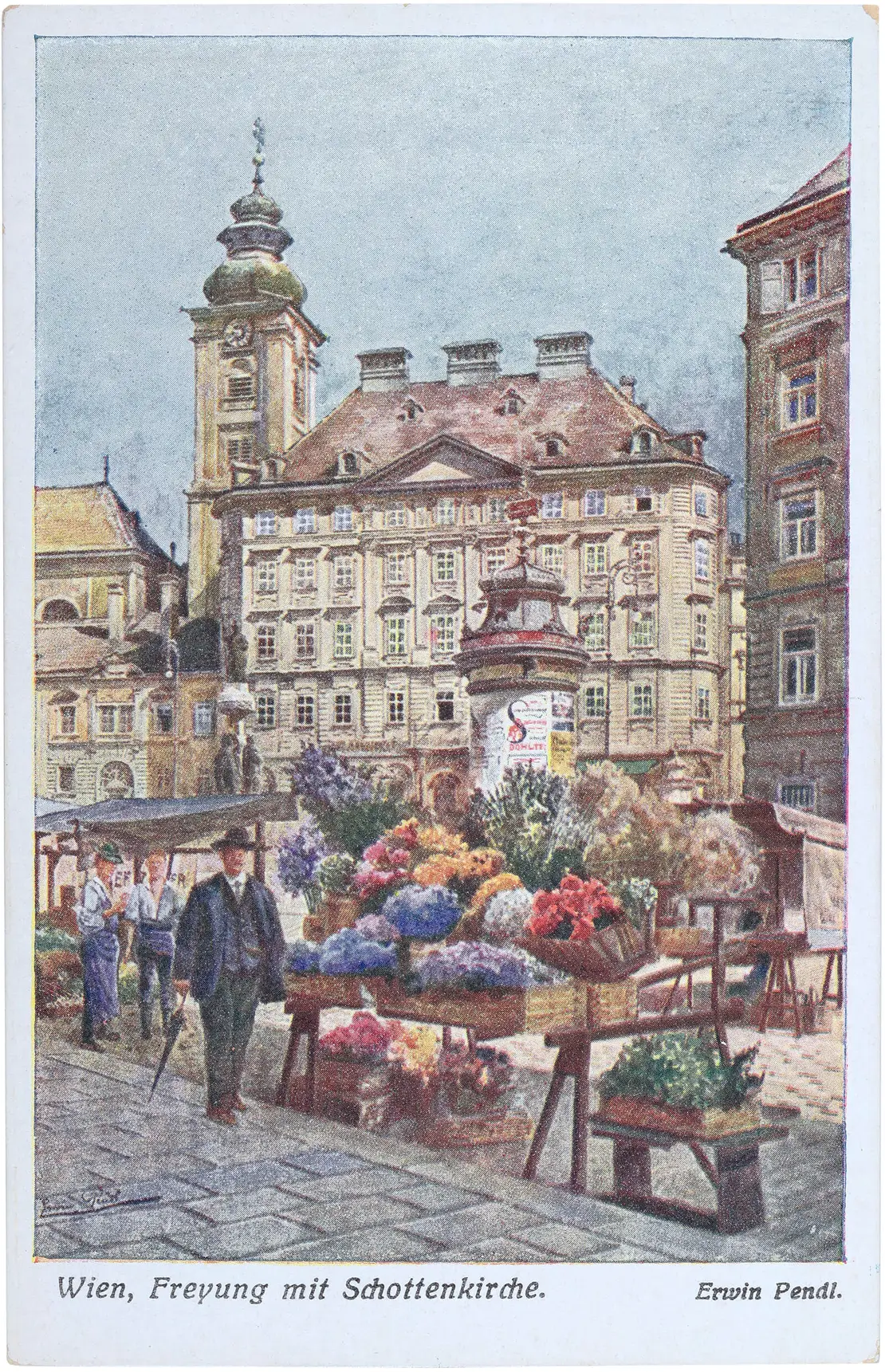 Freyung mit Schottenkirche, Ansichtskarte nach einem Aquarell von Erwin Pendel, Brüder Kohn, um 1910, Wien Museum  