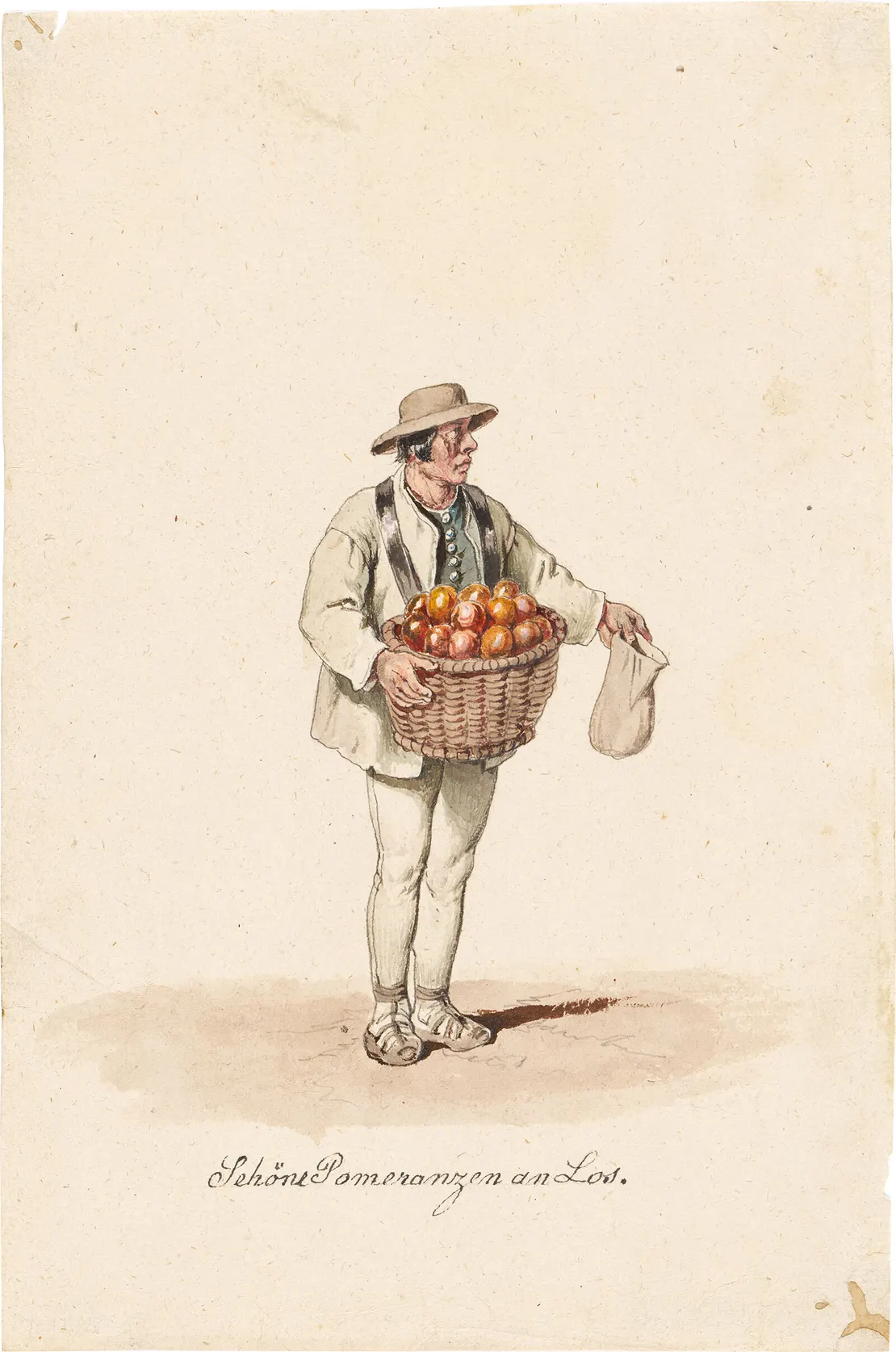 Gottscheer Orangenverkäufer (aus einer Serie von „Wiener Typen“), aquarellierte Federzeichnung von Franz Gerasch, um 1845/48, Wien Museum, Inv.-Nr. 138.449  