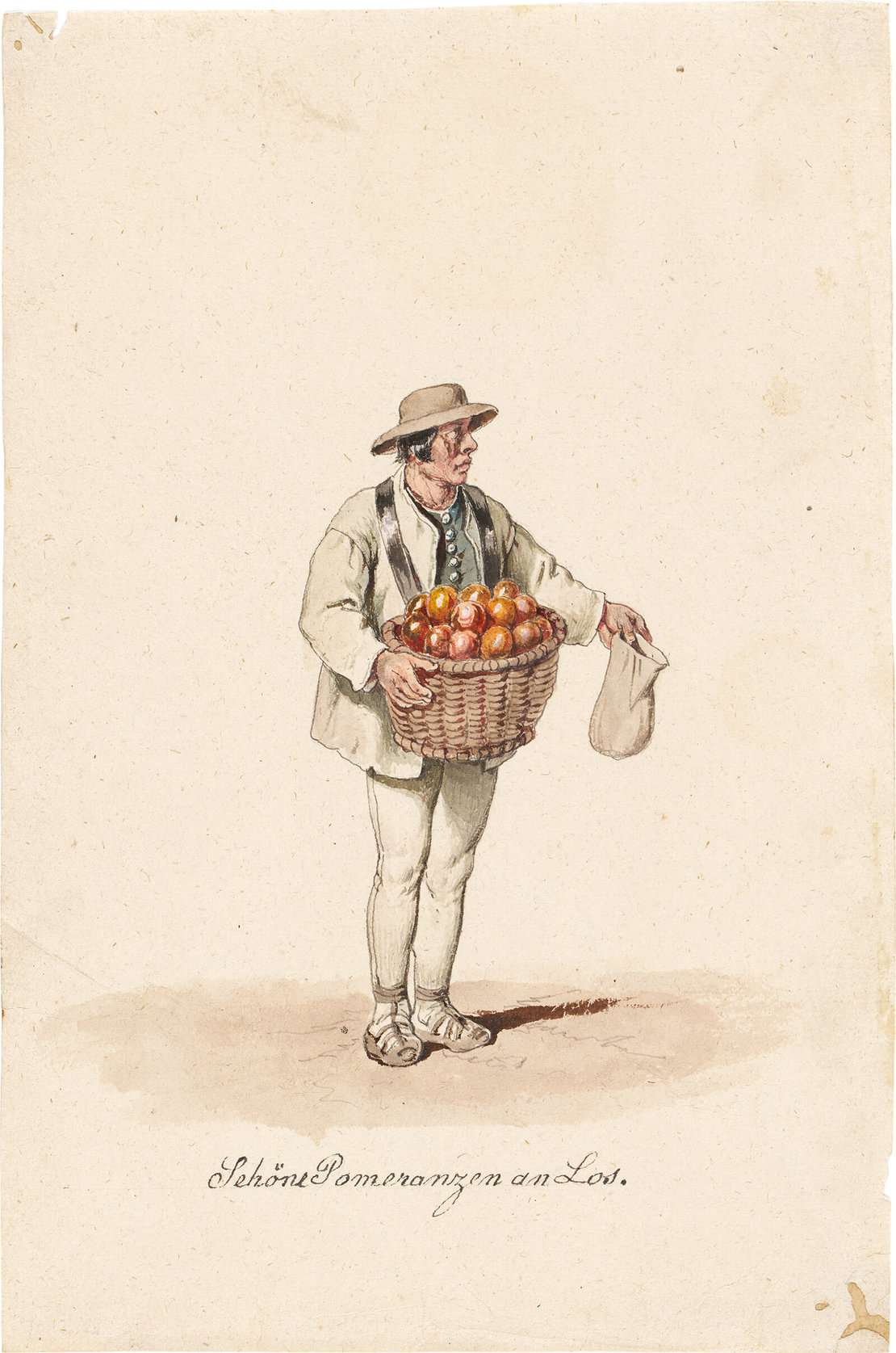 Gottscheer Orangenverkäufer (aus einer Serie von „Wiener Typen“), aquarellierte Federzeichnung von Franz Gerasch, um 1845/48, Wien Museum, Inv.-Nr. 138.449 