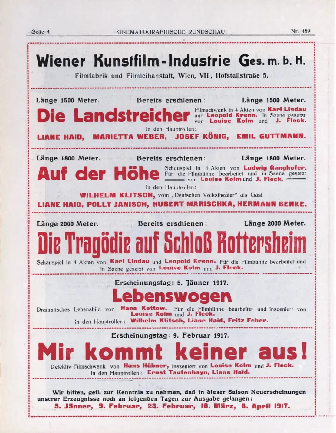 Die Wiener Kunstfilm-Industrie bewirbt ihre neuesten Filmproduktionen in der Kinematographischen Rundschau vom 24.12.1916, ÖNB / Anno
