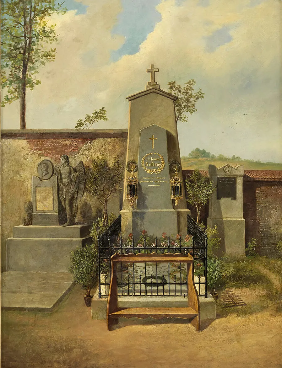 Das ursprüngliche Grab von Johann Nestroy am Währinger Ortsfriedhof, undatiertes Gemälde, Wien Museum  