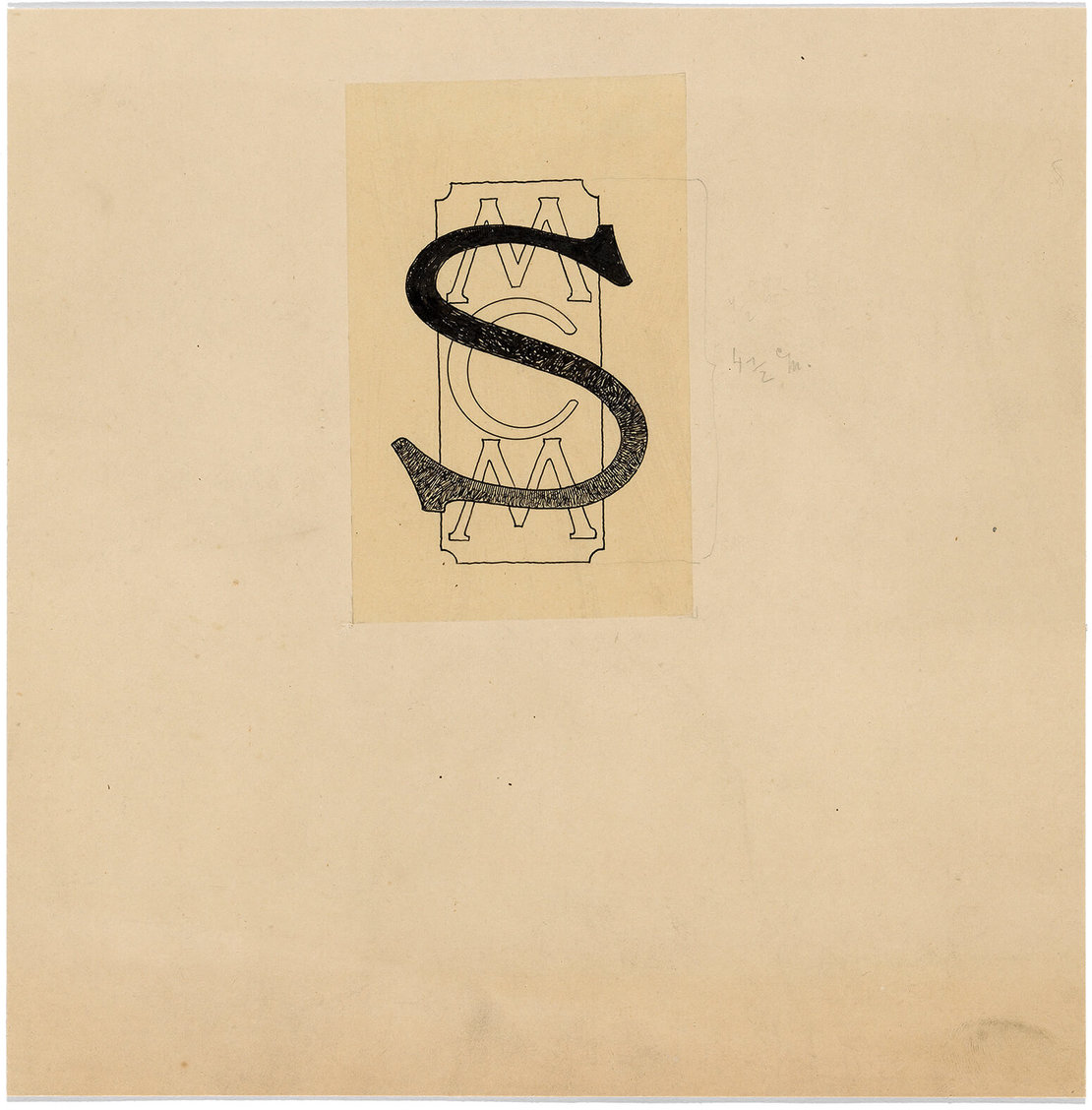 Otto Wagner: Initiale „S“ mit Datierung „MCM“, Vorzeichnung für den zweiten Band von „Einige Skizzen, Projekte und ausgeführte Bauwerke“, 1897, Bleistift, Feder, 11 x 7,2 cm, Wien Museum 