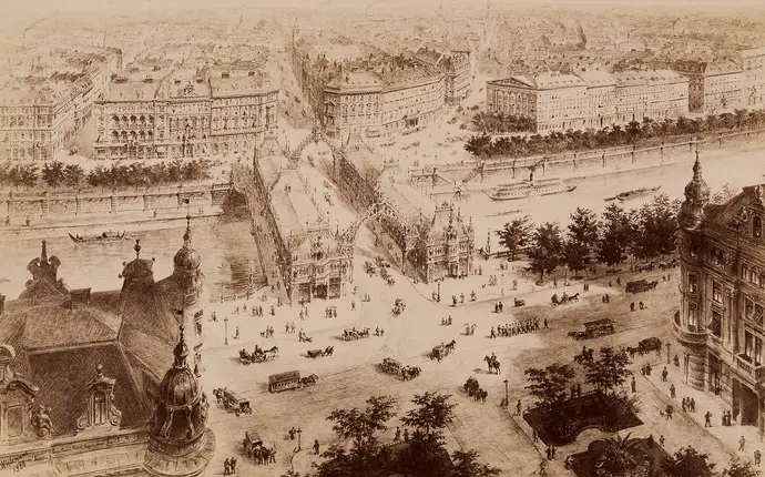 Alexander von Wielemans: „Projekt für den Umbau der Ferdinandsbrücke“, perspektivische Ansicht (Ausschnitt, Reproduktion), 1888, Wien Museum, Inv.-Nr. 157165/60