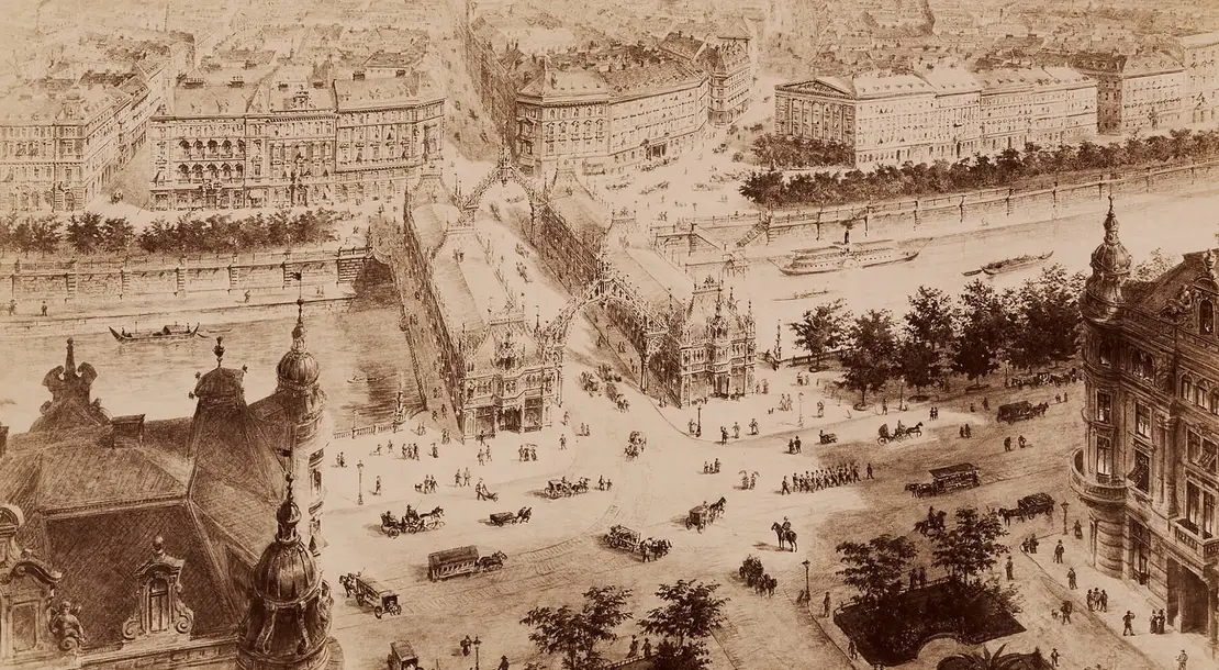 Alexander von Wielemans: „Projekt für den Umbau der Ferdinandsbrücke“, perspektivische Ansicht (Ausschnitt, Reproduktion), 1888, Wien Museum, Inv.-Nr. 157165/60