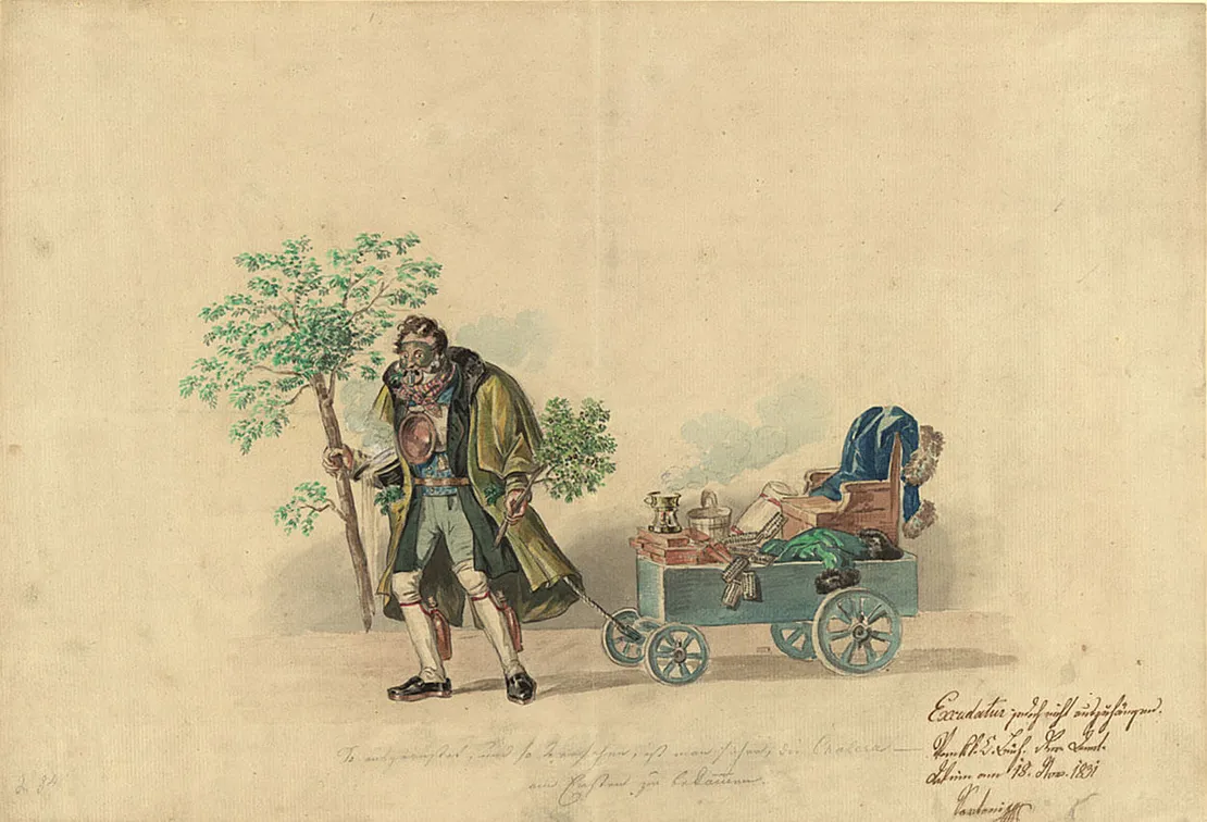 Karikatur auf die Cholera-Panik, 1831: „So ausgerüstet, und so versehn ist man sicher, die Cholera – am Ersten zu bekommen“. Dem Zensor war das Blatt suspekt: „Excudator jedoch nicht auszuhängen“ heißt, die Karikatur durfte gedruckt, aber nicht durch das Aushängen in einer Geschäftsauslage beworben werden. Sammlung Wien Museum  