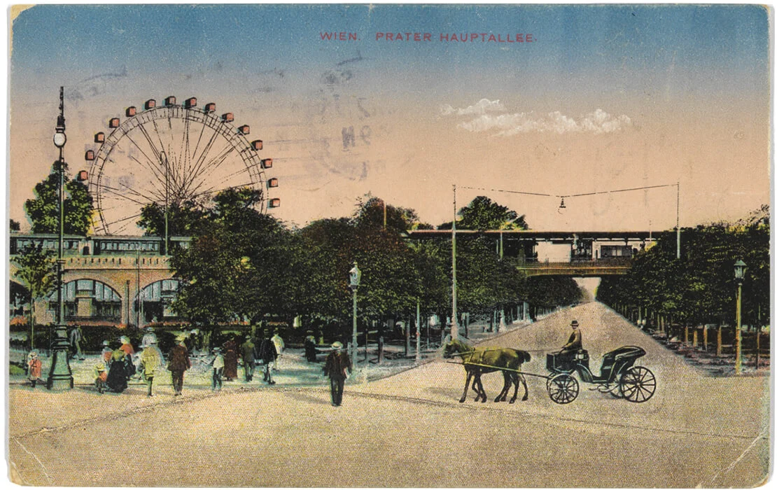 Prater Hauptallee – Einfahrt, mit Riesenrad, Ansichtskarte, um 1915, Sammlung Wien Museum