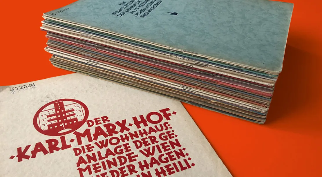 Broschüren zu Wohnhausanlagen der Gemeinde Wien, 1920-1930er Jahre. WBR, DS, B-72536/1-47, Foto: Gerhard Bauer
