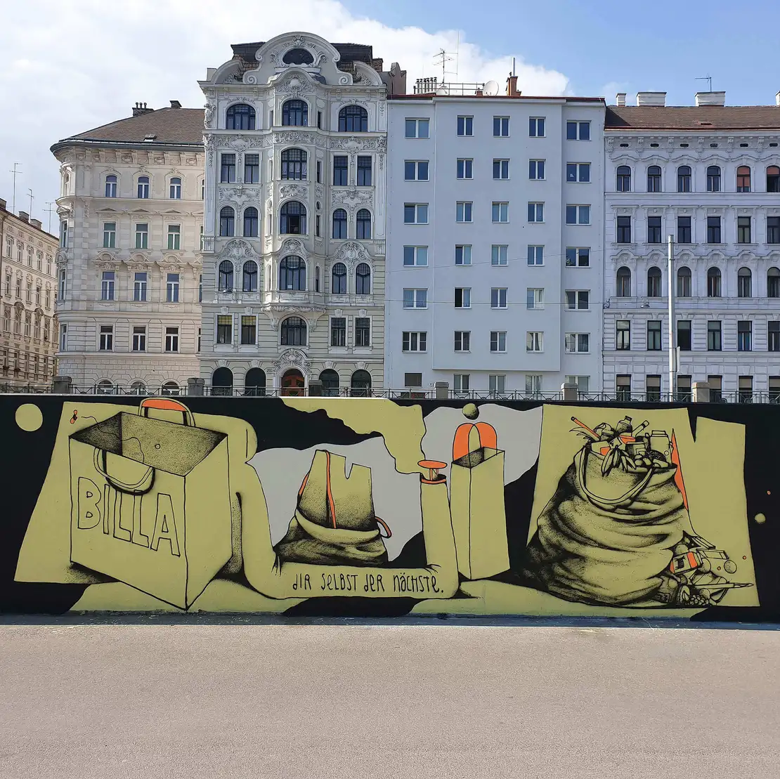 Egoistische „Hamsterkäufe“ kritisiert Ruin in „Dir selbst der Nächste“. Ruin, Rechte Wienzeile, März 2020, Foto: Karina Karadensky, Wien Museum