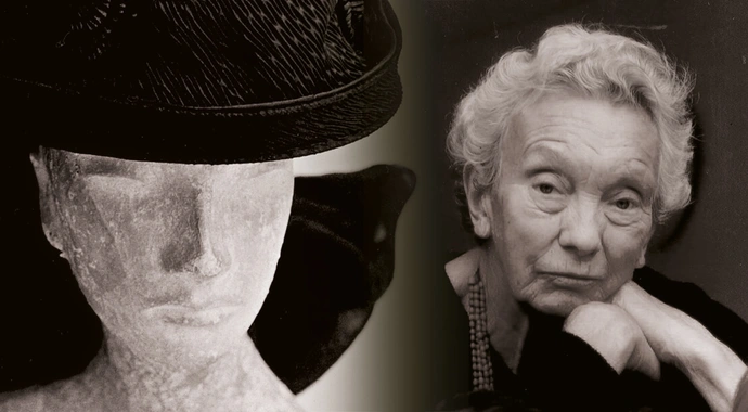 Links: Damen-Trauerhut aus Paris, 1912/13, Wien Museum, Rechts: Ilse Helbich, Foto: Privat