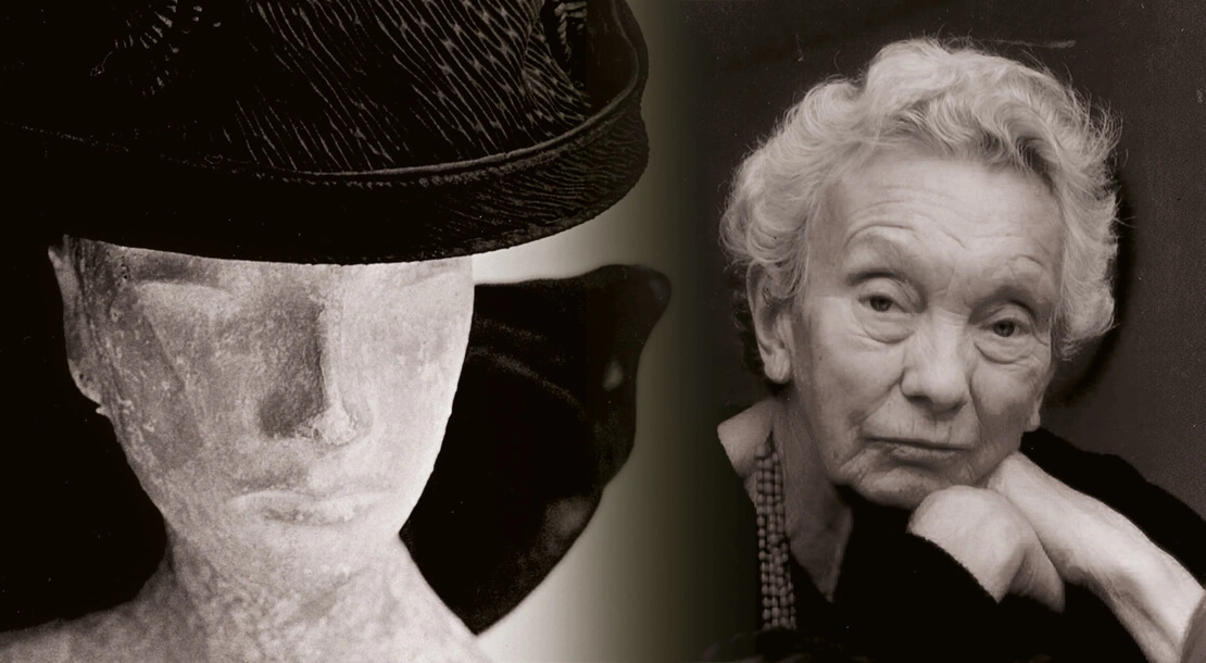 Links: Damen-Trauerhut aus Paris, 1912/13, Wien Museum, Rechts: Ilse Helbich, Foto: Privat