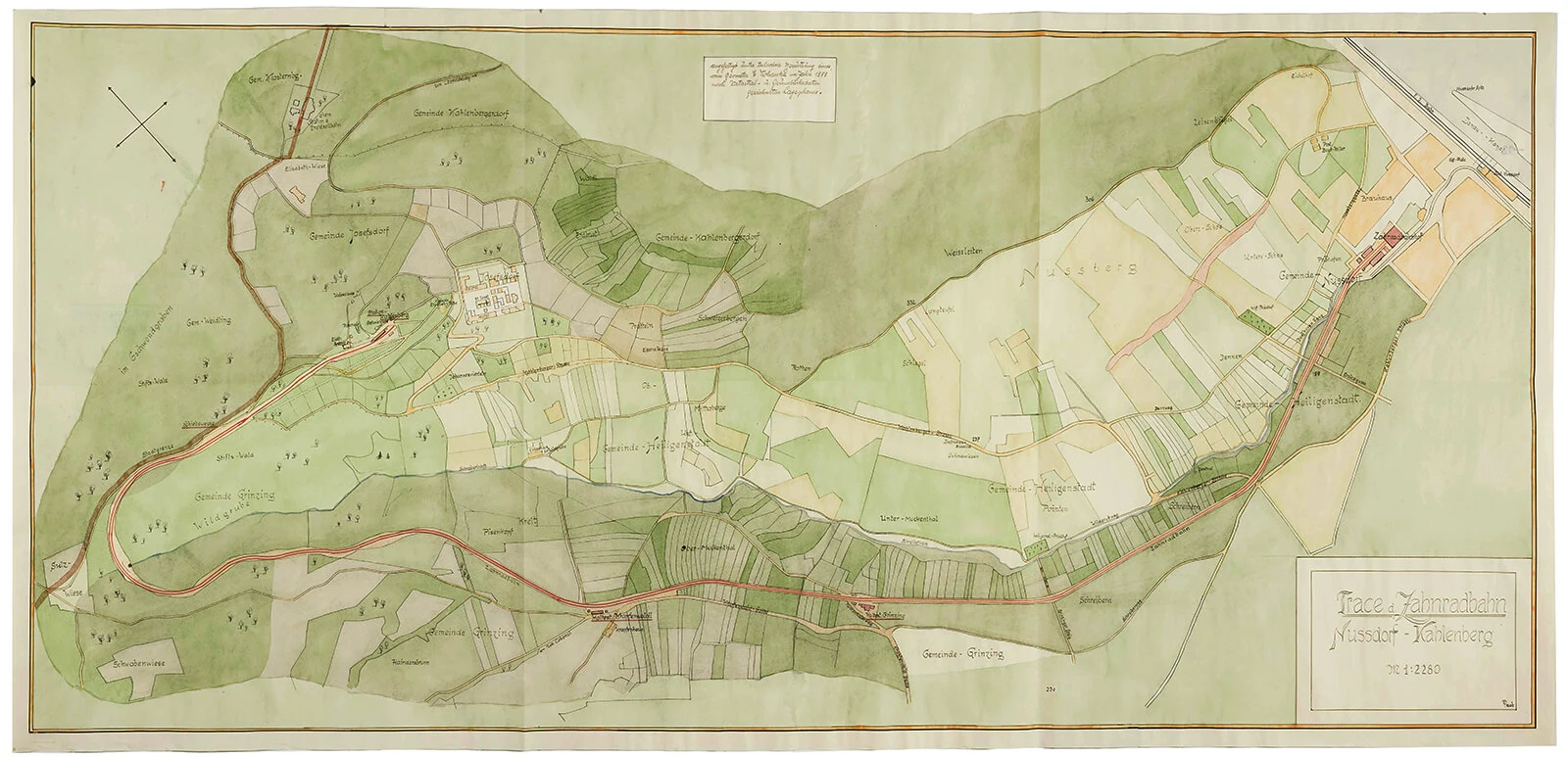 Franz Raab, Retrospektive Ansicht der Trasse der Zahnradbahn Nussdorf–Kahlenberg mit den Stationen Nussdorf, Grinzing, Krapfenwaldl und Kahlenberg, um 1940, Wien Museum