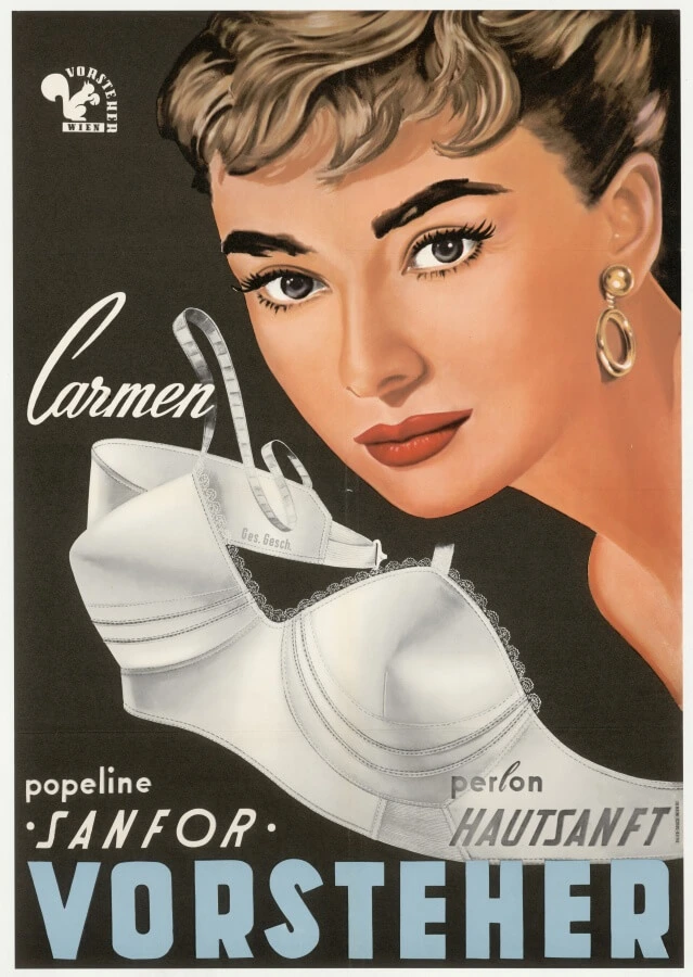 Werbeplakat der Bandweb- und Flechtwarenfabrik Vorsteher für moderne Büstenhalter, 1958, Wienbibliothek im Rathaus, Inv.-Nr. P-342794  