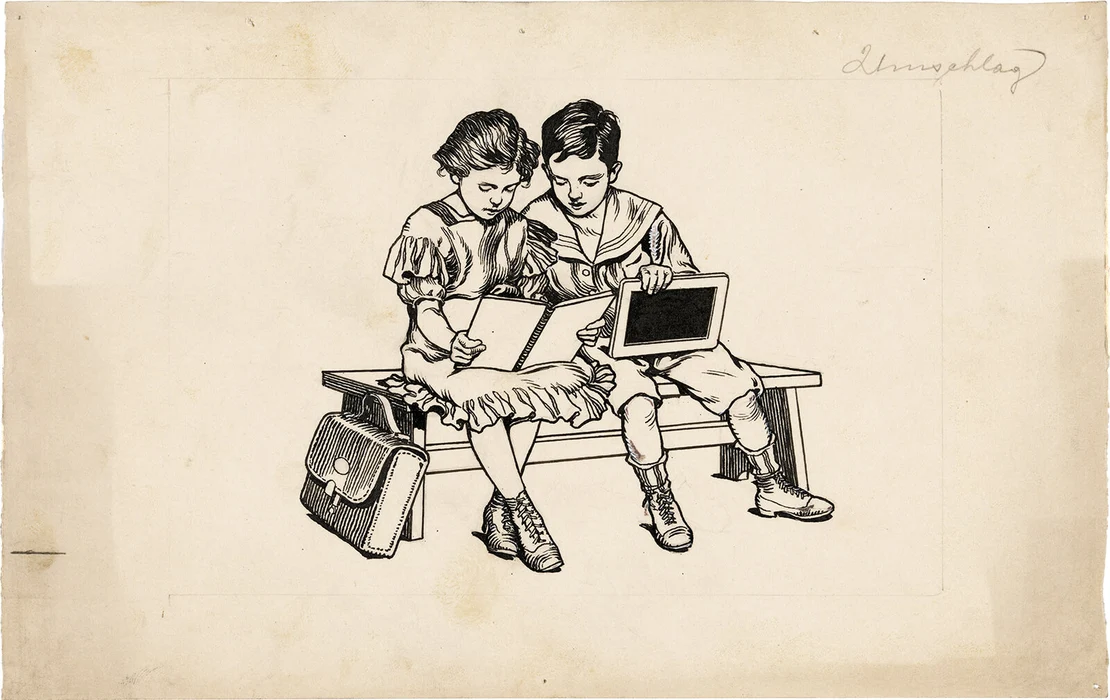 Ein Bub und ein Mädchen sitzen lesend auf einer Bank, mit Lesebuch, Schiefertafel und Schultasche ausstaffiert. Tuschfederzeichnung von Hans Printz, 1911. Titelbild für die „Fibel nach der analytisch-synthetischen Lesemethode“. Alois Fellner und Albert Kundi. Mit Bildern von Hans Printz. Verlag A. Pichlers Witwe & Sohn; Wien 1911.  