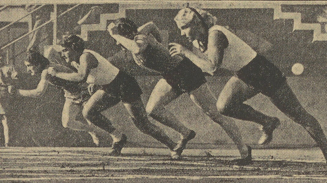 Aus dem „Montag mit dem Sport-Montag“ vom 4. März 1935: „Start zum 60-Meter Laufen bei Österreich gegen Italien. Von links nach rechts: Michiels (Italien), Gottlieb (Österreich), Coselli (Italien), Doppler (Österreich). Den Lauf gewann Frl. Gottlieb in 7,9 Sekunden.“ ANNO/ÖNB