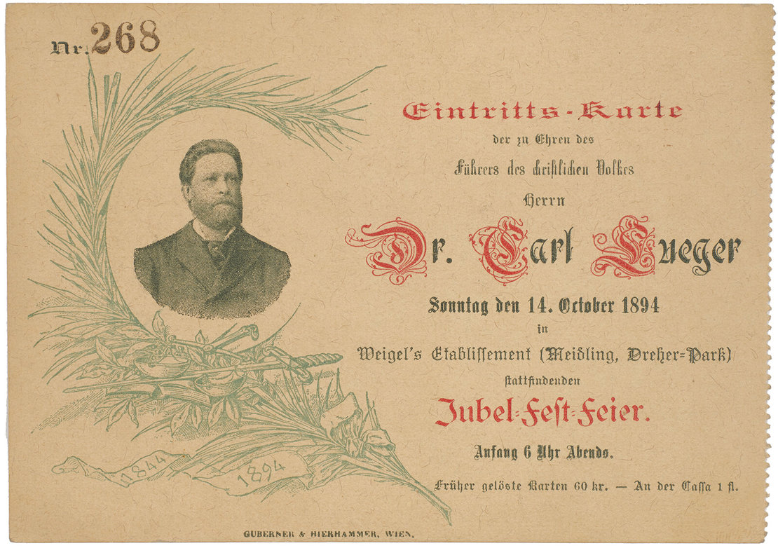Eintrittskarte zur Jubelfest-Feier für Dr. Karl Lueger am 14. Oktober 1894, Foto: TimTom, Wien Museum 