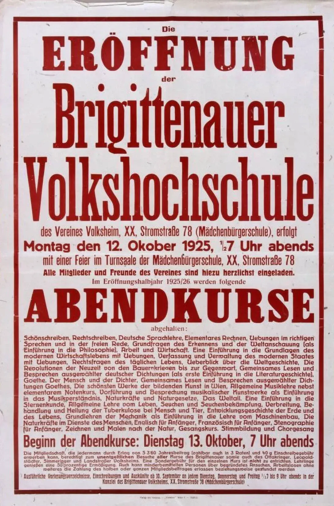 Die Volkshochschulen wurden ab 1925 zur ersten Station von Matejkas volksbildnerischer Karriere. Plakat Wienbibliothek im Rathaus, Plakatsammlung
