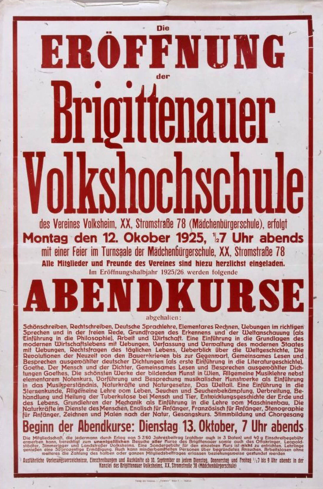 Die Volkshochschulen wurden ab 1925 zur ersten Station von Matejkas volksbildnerischer Karriere. Plakat Wienbibliothek im Rathaus, Plakatsammlung 