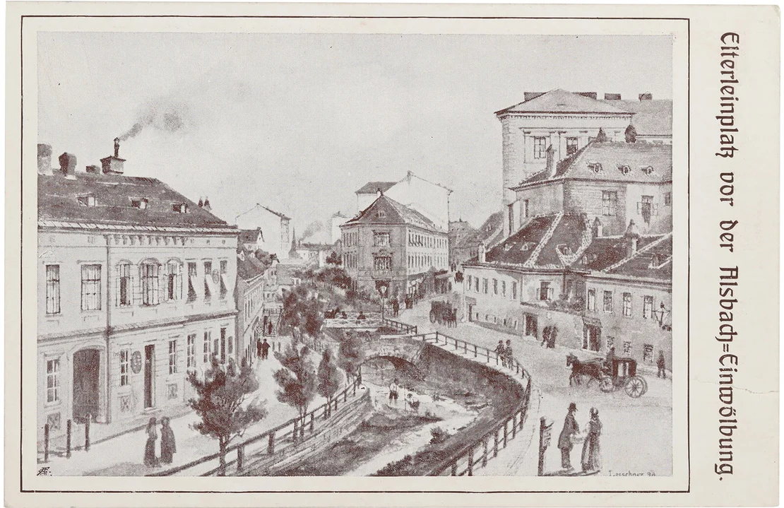 Elterleinplatz – vor der Alsbach Einwölbung, um 1870, Ansichtskarte