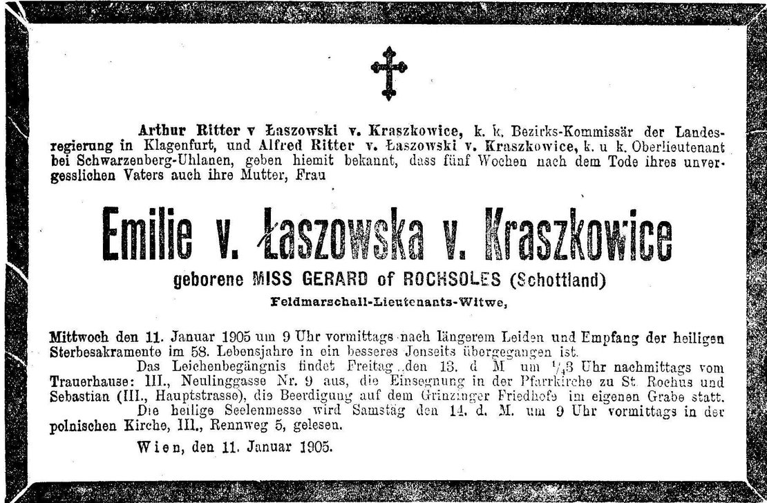 Todesanzeige von Emily Gerard, 12. Jänner 1905, Neue Freie Presse, ANNO/ÖNB 