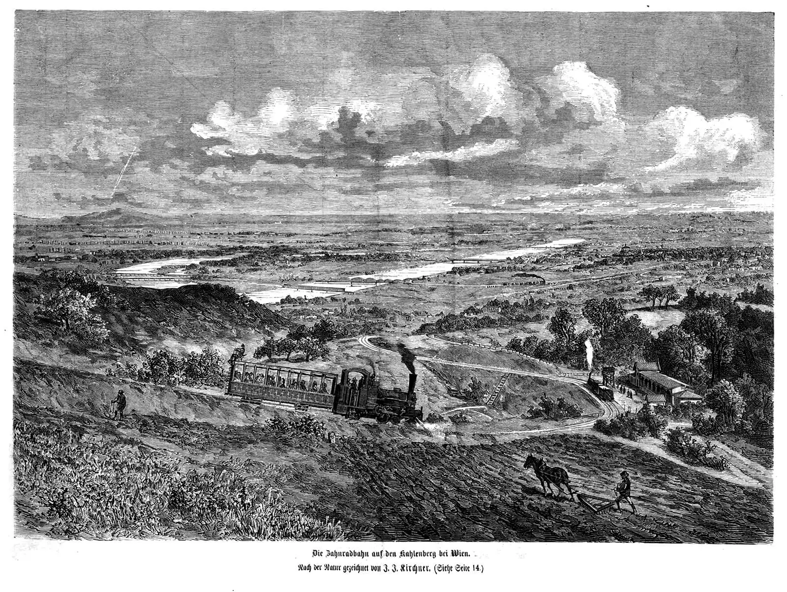 Neue Illustrirte Zeitung, 4. April 1875, S. 5, „Die Zahnradbahn auf den Kahlenberg bei Wien. Nach der Natur gezeichnet von J. J. Kirchner“, Quelle: Anno/ÖNB. Blick Richtung Nussdorf mit der Station Krapfenwaldl rechts im Bild.